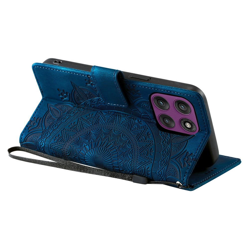 For Motorola Edge 70 5G Case Imprinted Totem Skin Feel Wallet Leather Phone Cover with Hand Strap - Blue