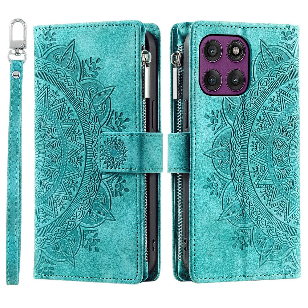 For Motorola Edge 70 5G Wallet Case Mandala Flower Pattern PU Leather Phone Cover with Wrist Strap - Mint Green