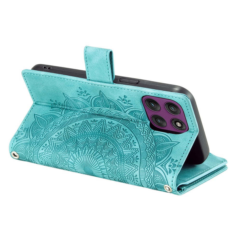 For Motorola Edge 70 5G Wallet Case Mandala Flower Pattern PU Leather Phone Cover with Wrist Strap - Mint Green