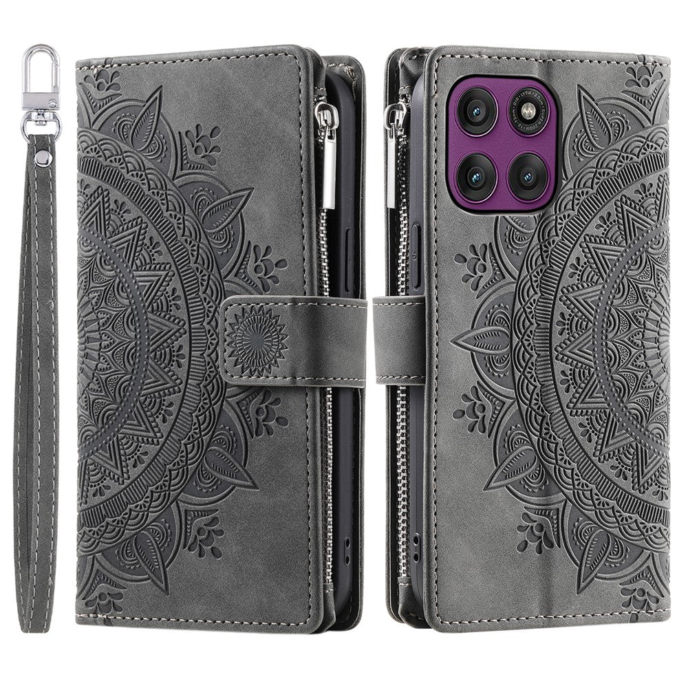 For Motorola Edge 70 5G Wallet Case Mandala Flower Pattern PU Leather Phone Cover with Wrist Strap - Grey