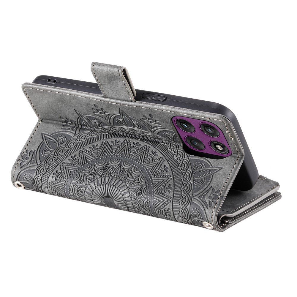 For Motorola Edge 70 5G Wallet Case Mandala Flower Pattern PU Leather Phone Cover with Wrist Strap - Grey