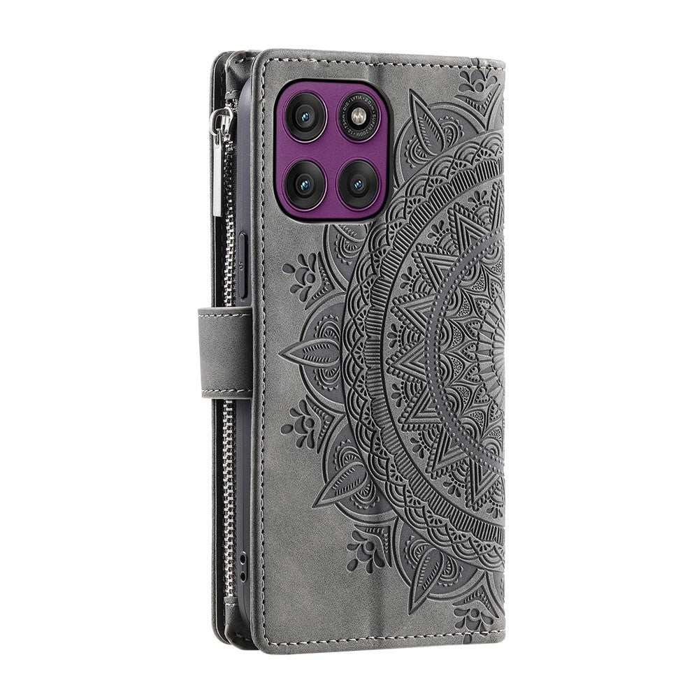 For Motorola Edge 70 5G Wallet Case Mandala Flower Pattern PU Leather Phone Cover with Wrist Strap - Grey