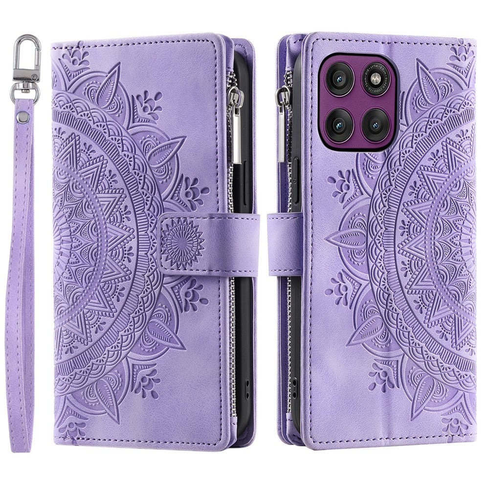 For Motorola Edge 70 5G Wallet Case Mandala Flower Pattern PU Leather Phone Cover with Wrist Strap - Purple
