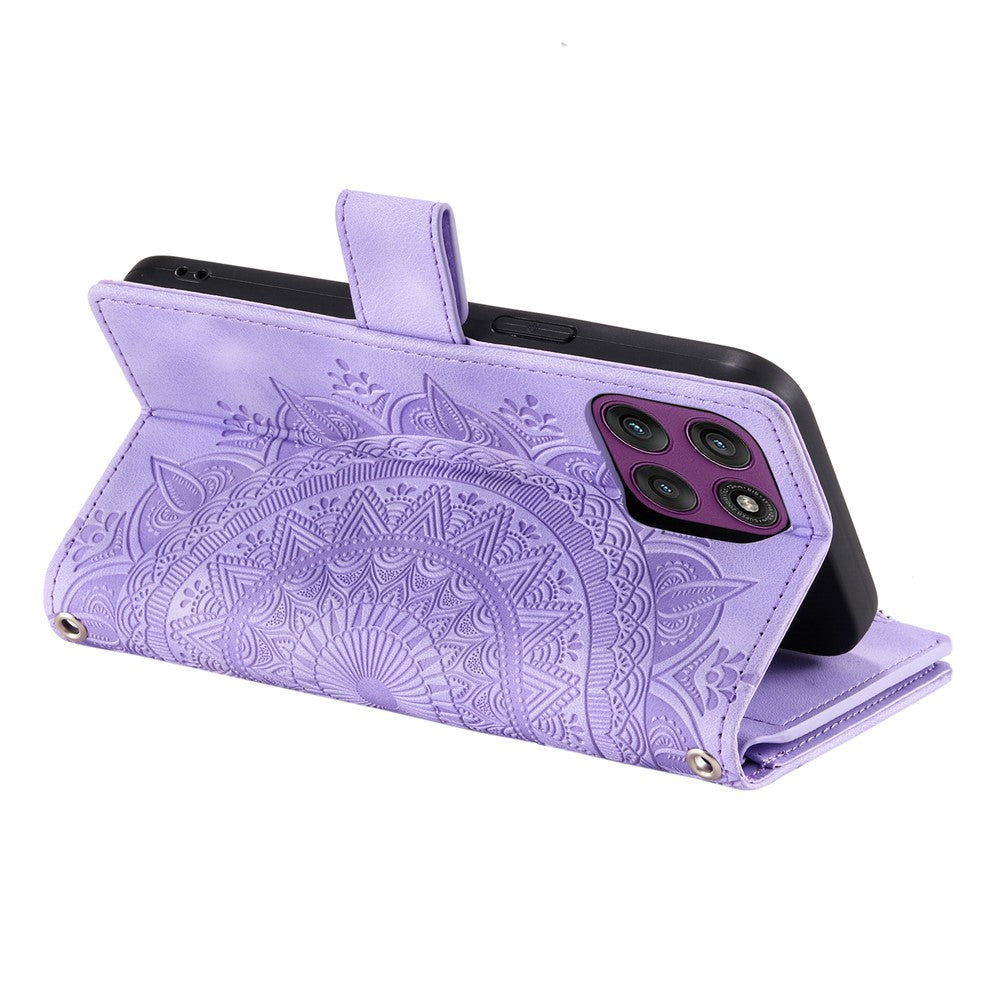 For Motorola Edge 70 5G Wallet Case Mandala Flower Pattern PU Leather Phone Cover with Wrist Strap - Purple