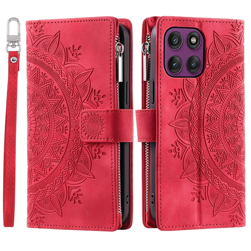 For Motorola Edge 70 5G Wallet Case Mandala Flower Pattern PU Leather Phone Cover with Wrist Strap - Rose
