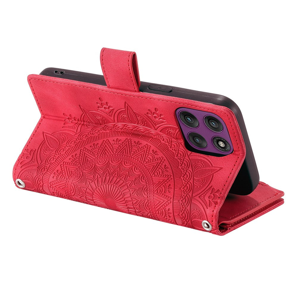 For Motorola Edge 70 5G Wallet Case Mandala Flower Pattern PU Leather Phone Cover with Wrist Strap - Rose