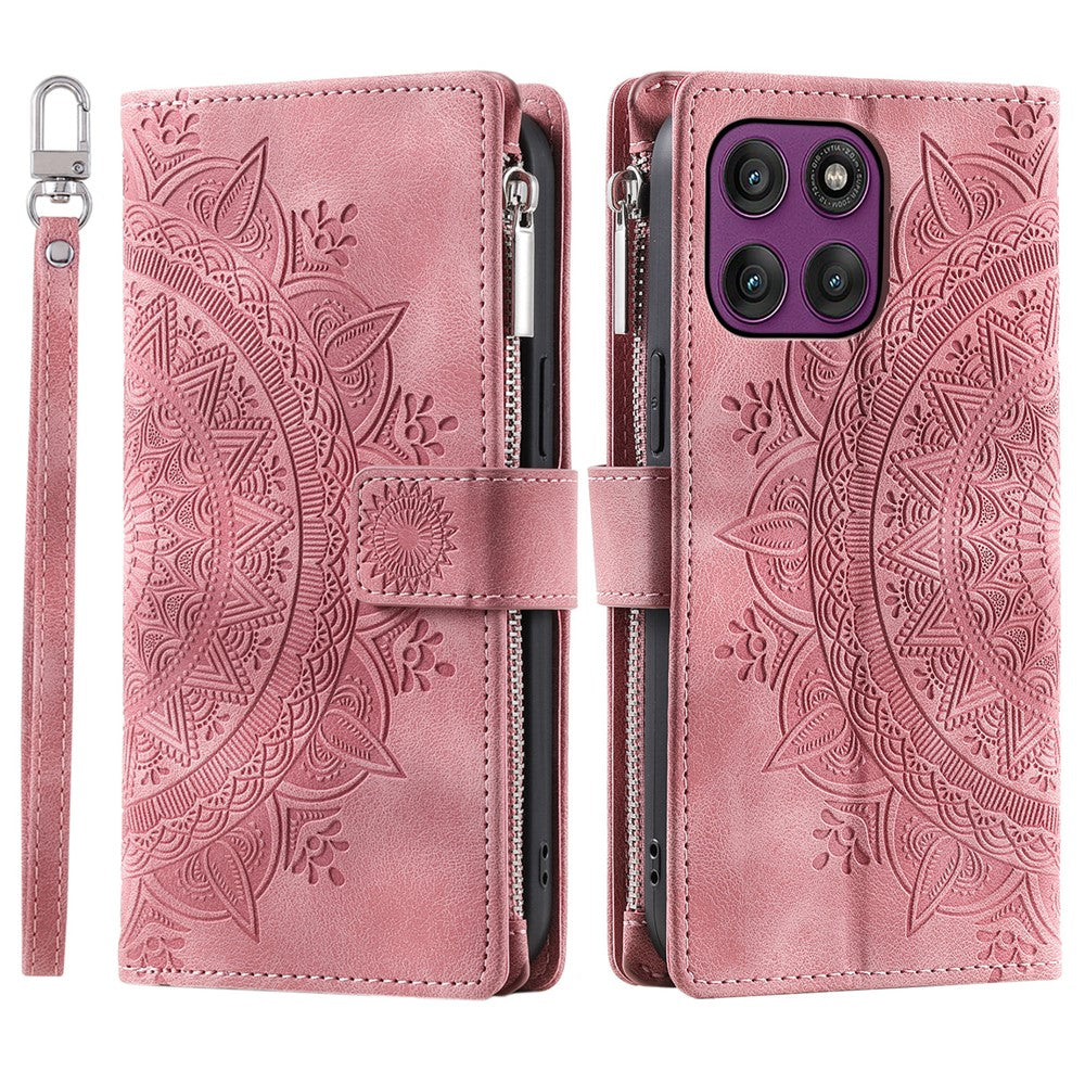 For Motorola Edge 70 5G Wallet Case Mandala Flower Pattern PU Leather Phone Cover with Wrist Strap - Rose Gold