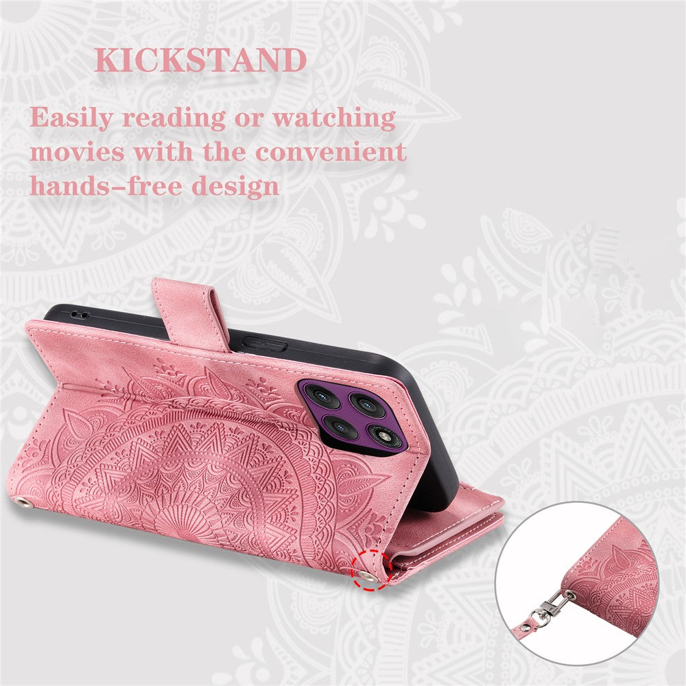 For Motorola Edge 70 5G Wallet Case Mandala Flower Pattern PU Leather Phone Cover with Wrist Strap - Rose Gold