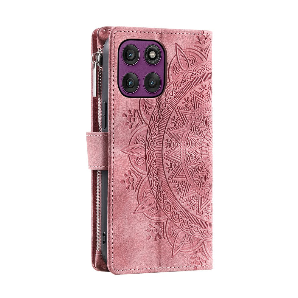 For Motorola Edge 70 5G Wallet Case Mandala Flower Pattern PU Leather Phone Cover with Wrist Strap - Rose Gold