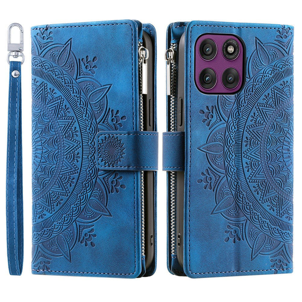For Motorola Edge 70 5G Wallet Case Mandala Flower Pattern PU Leather Phone Cover with Wrist Strap - Blue