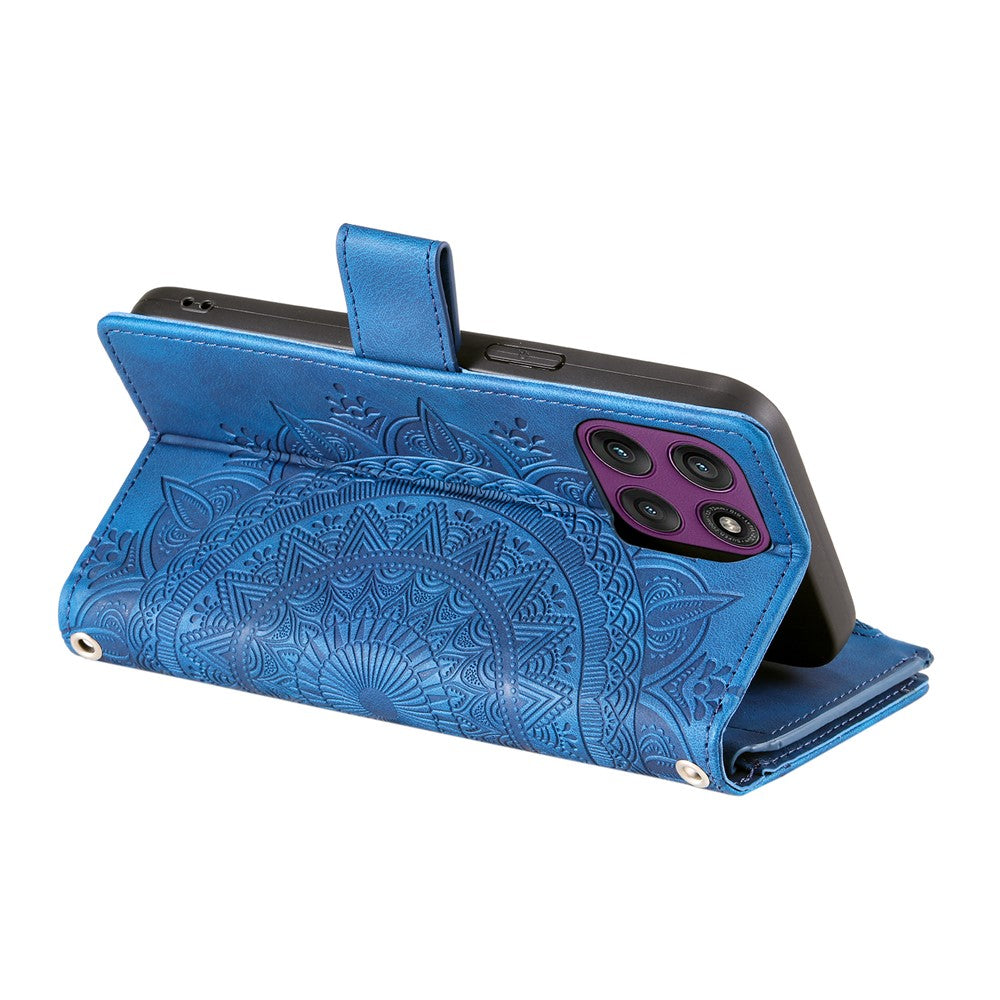 For Motorola Edge 70 5G Wallet Case Mandala Flower Pattern PU Leather Phone Cover with Wrist Strap - Blue