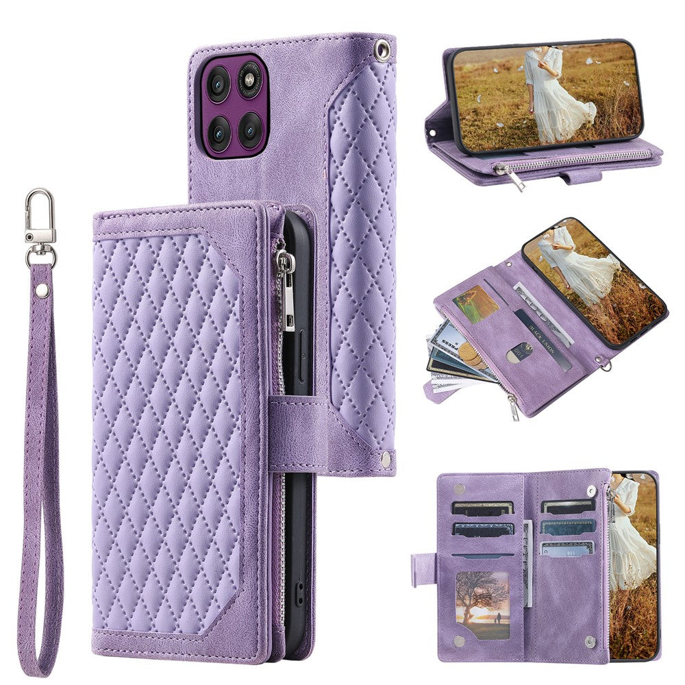 For Motorola Edge 70 5G Wallet Case Rhombus Stitching Line PU Leather Phone Cover with Wrist Strap - Purple