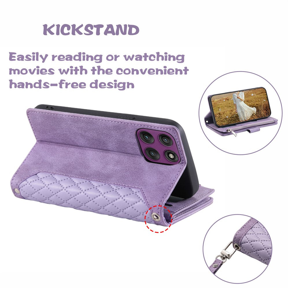 For Motorola Edge 70 5G Wallet Case Rhombus Stitching Line PU Leather Phone Cover with Wrist Strap - Purple