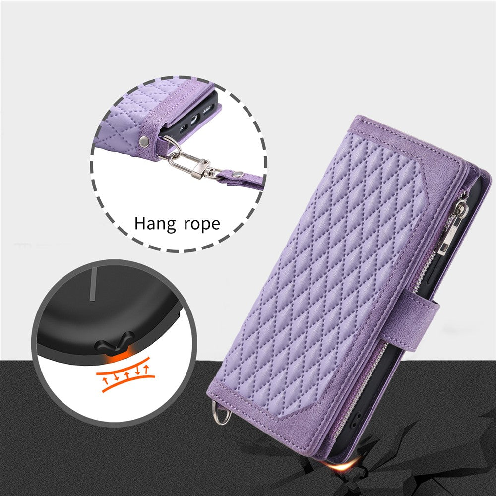 For Motorola Edge 70 5G Wallet Case Rhombus Stitching Line PU Leather Phone Cover with Wrist Strap - Purple