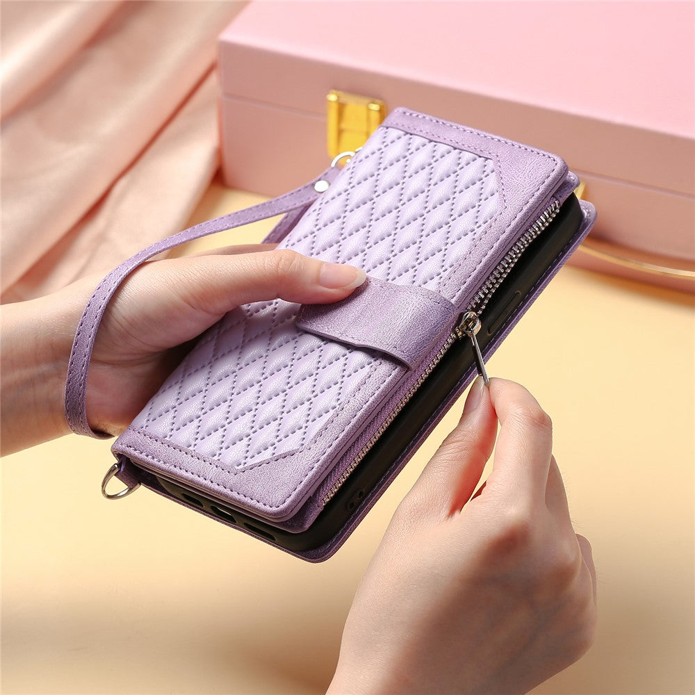 For Motorola Edge 70 5G Wallet Case Rhombus Stitching Line PU Leather Phone Cover with Wrist Strap - Purple