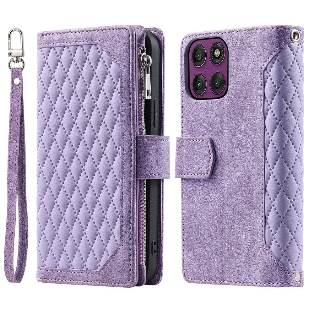 For Motorola Edge 70 5G Wallet Case Rhombus Stitching Line PU Leather Phone Cover with Wrist Strap - Purple