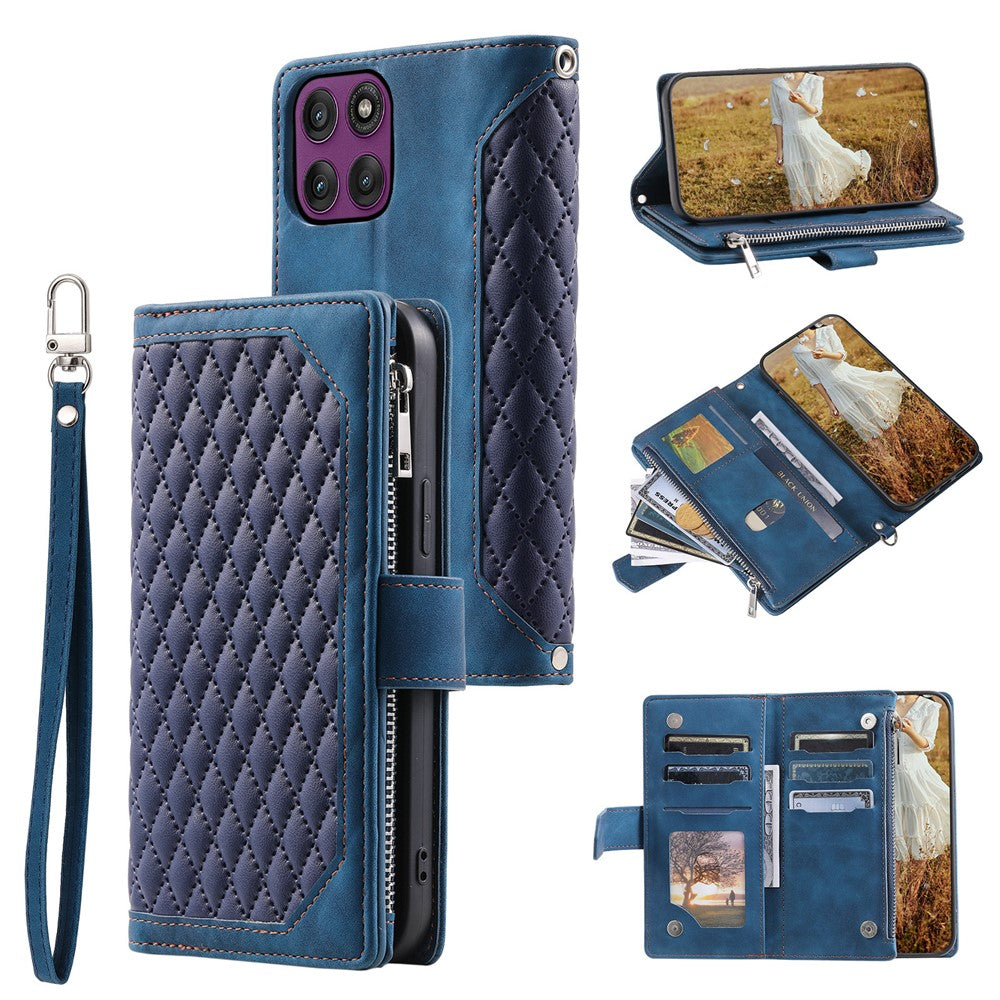 For Motorola Edge 70 5G Wallet Case Rhombus Stitching Line PU Leather Phone Cover with Wrist Strap - Blue