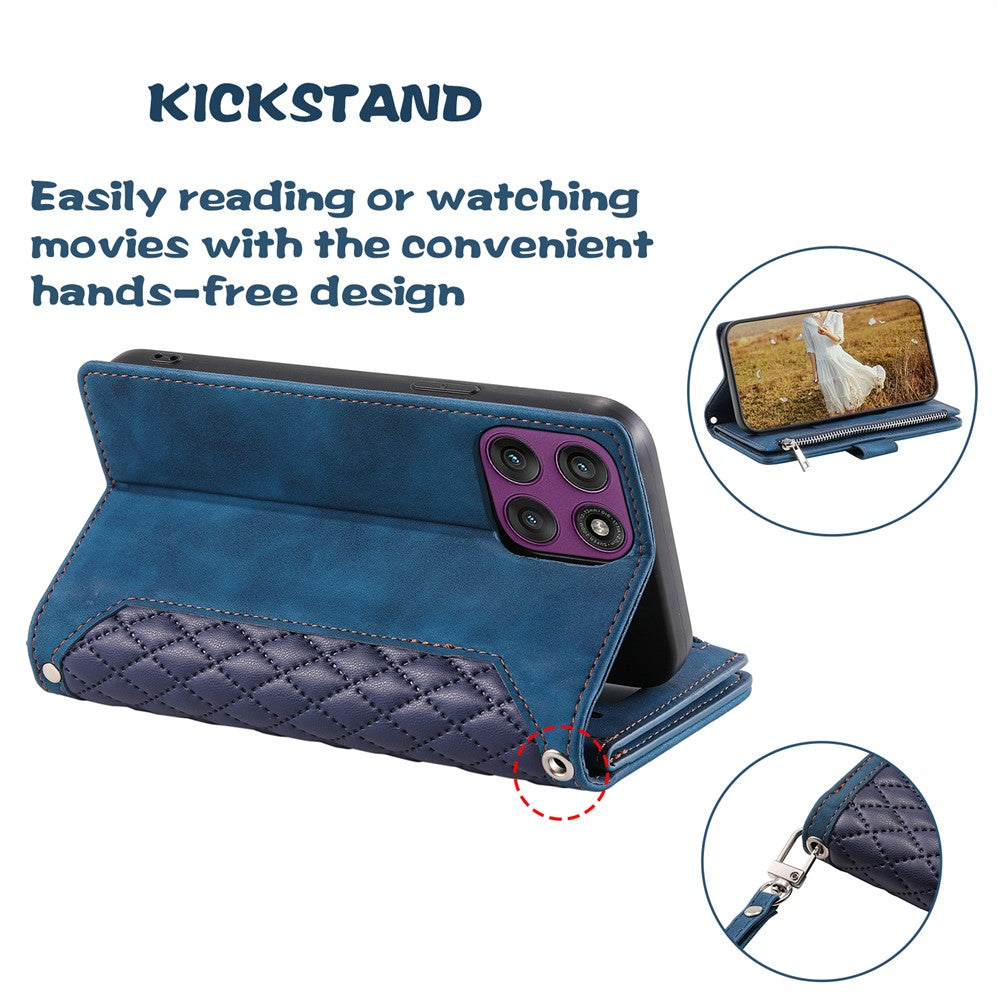For Motorola Edge 70 5G Wallet Case Rhombus Stitching Line PU Leather Phone Cover with Wrist Strap - Blue
