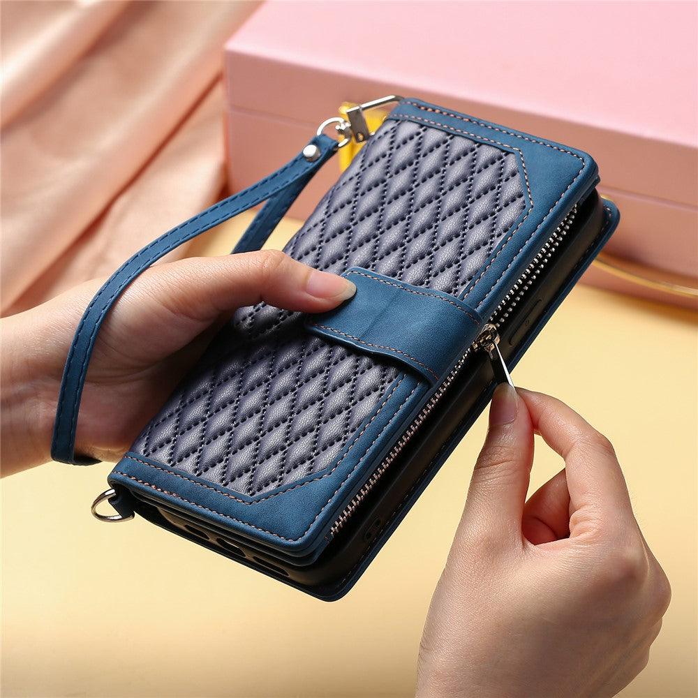 For Motorola Edge 70 5G Wallet Case Rhombus Stitching Line PU Leather Phone Cover with Wrist Strap - Blue