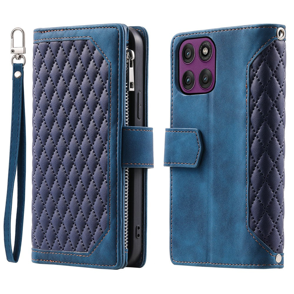For Motorola Edge 70 5G Wallet Case Rhombus Stitching Line PU Leather Phone Cover with Wrist Strap - Blue