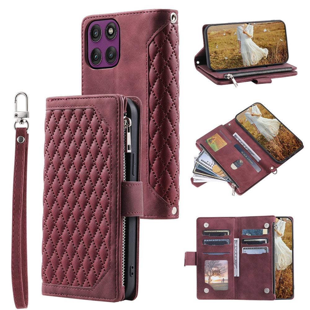 For Motorola Edge 70 5G Wallet Case Rhombus Stitching Line PU Leather Phone Cover with Wrist Strap - Wine Red