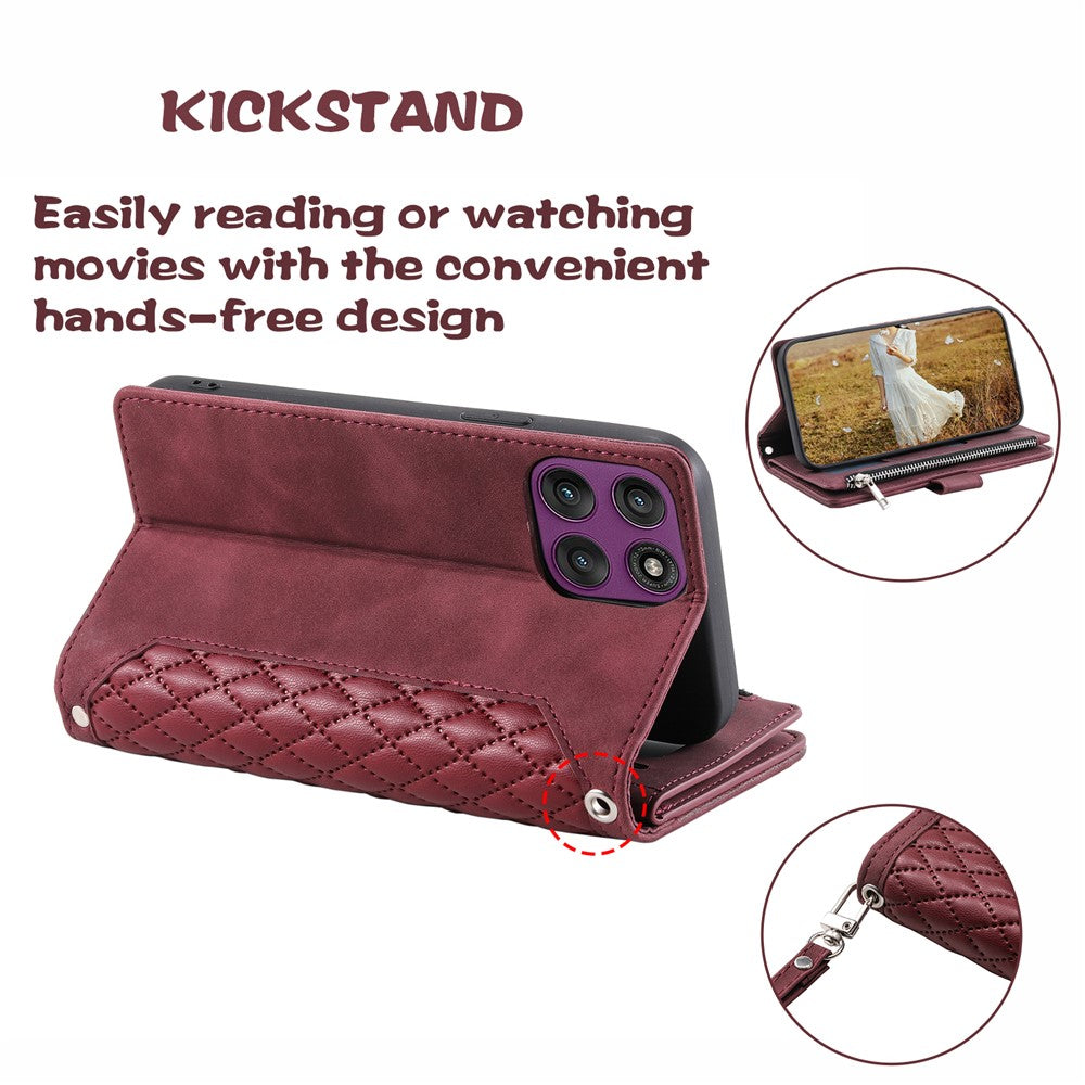 For Motorola Edge 70 5G Wallet Case Rhombus Stitching Line PU Leather Phone Cover with Wrist Strap - Wine Red