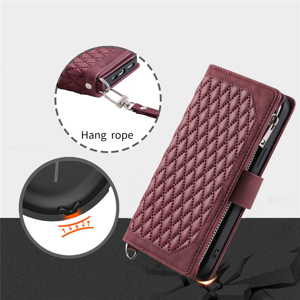 For Motorola Edge 70 5G Wallet Case Rhombus Stitching Line PU Leather Phone Cover with Wrist Strap - Wine Red