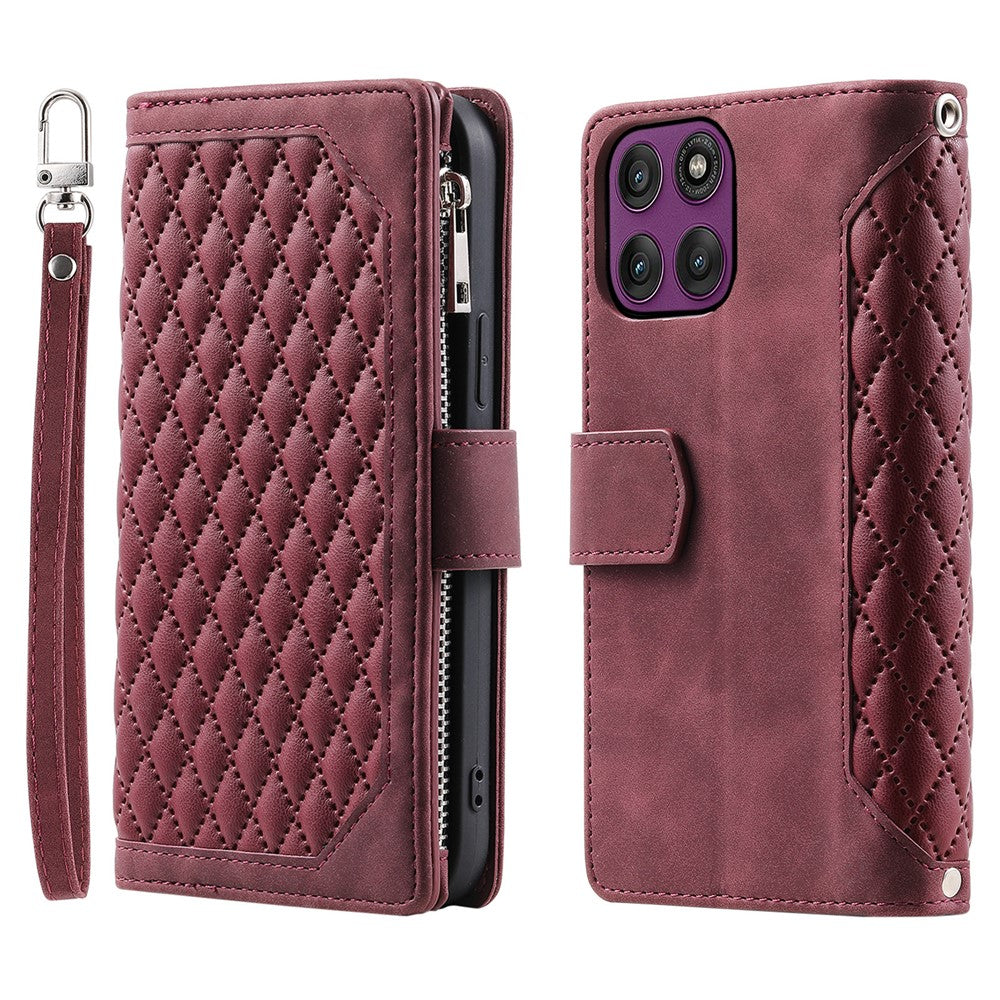 For Motorola Edge 70 5G Wallet Case Rhombus Stitching Line PU Leather Phone Cover with Wrist Strap - Wine Red