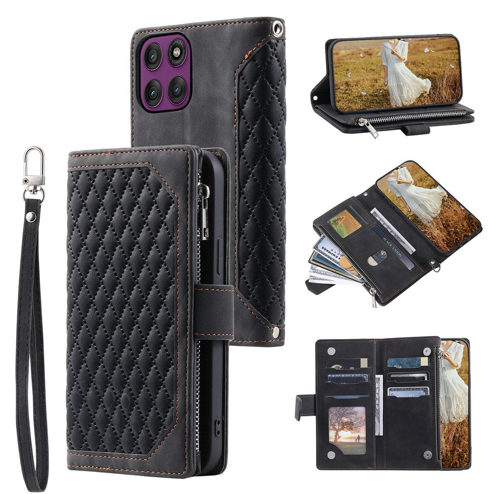 For Motorola Edge 70 5G Wallet Case Rhombus Stitching Line PU Leather Phone Cover with Wrist Strap - Black