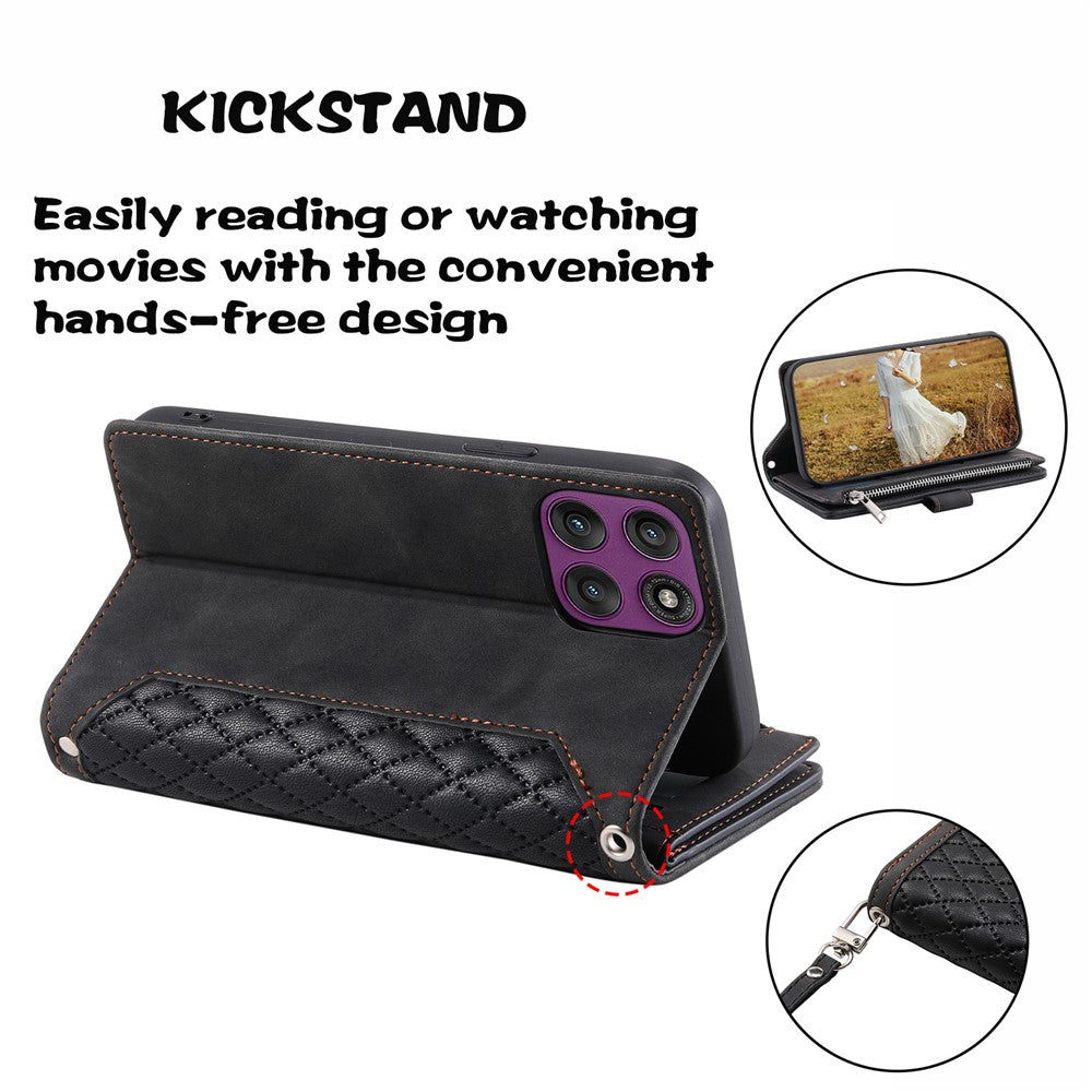 For Motorola Edge 70 5G Wallet Case Rhombus Stitching Line PU Leather Phone Cover with Wrist Strap - Black