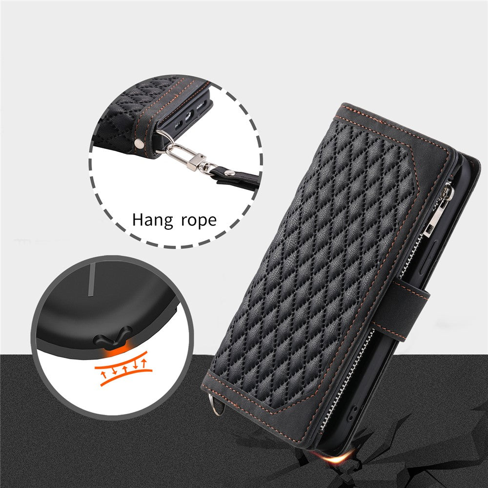 For Motorola Edge 70 5G Wallet Case Rhombus Stitching Line PU Leather Phone Cover with Wrist Strap - Black