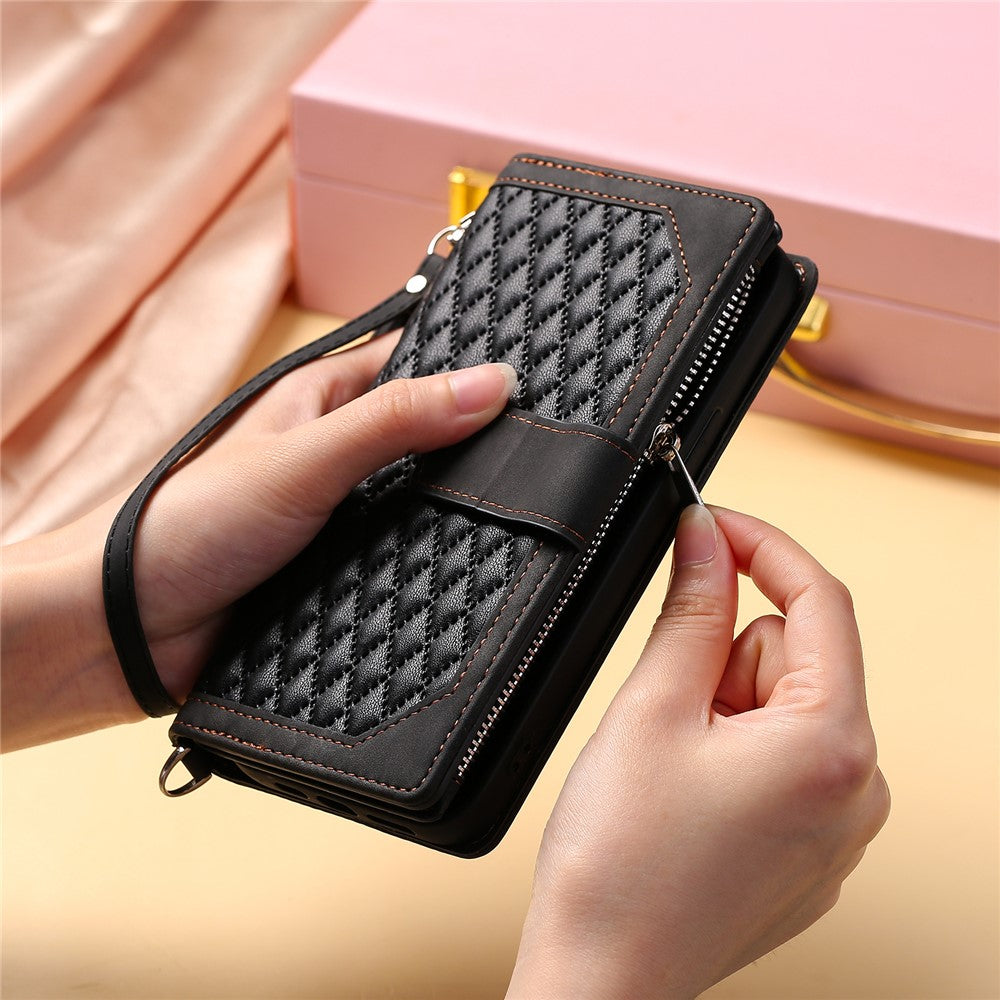 For Motorola Edge 70 5G Wallet Case Rhombus Stitching Line PU Leather Phone Cover with Wrist Strap - Black