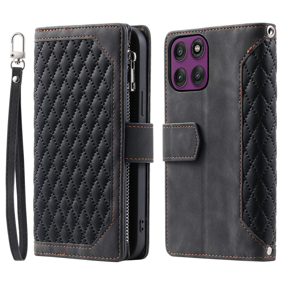For Motorola Edge 70 5G Wallet Case Rhombus Stitching Line PU Leather Phone Cover with Wrist Strap - Black