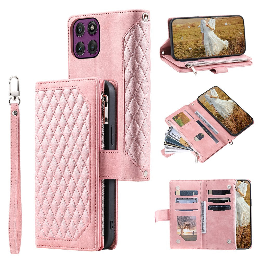 For Motorola Edge 70 5G Wallet Case Rhombus Stitching Line PU Leather Phone Cover with Wrist Strap - Rose Gold