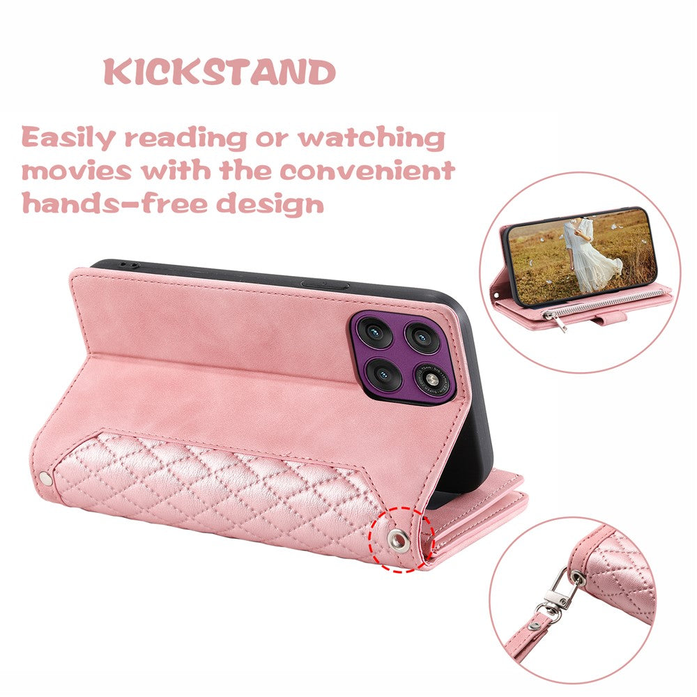 For Motorola Edge 70 5G Wallet Case Rhombus Stitching Line PU Leather Phone Cover with Wrist Strap - Rose Gold