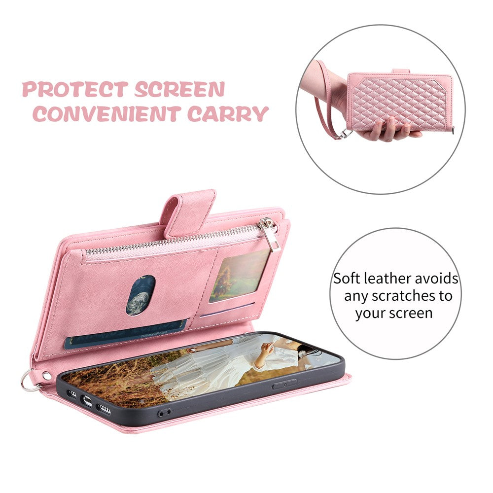 For Motorola Edge 70 5G Wallet Case Rhombus Stitching Line PU Leather Phone Cover with Wrist Strap - Rose Gold