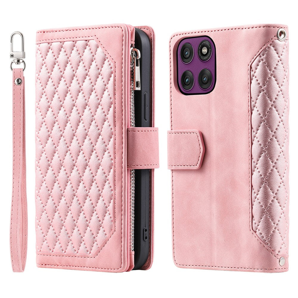 For Motorola Edge 70 5G Wallet Case Rhombus Stitching Line PU Leather Phone Cover with Wrist Strap - Rose Gold