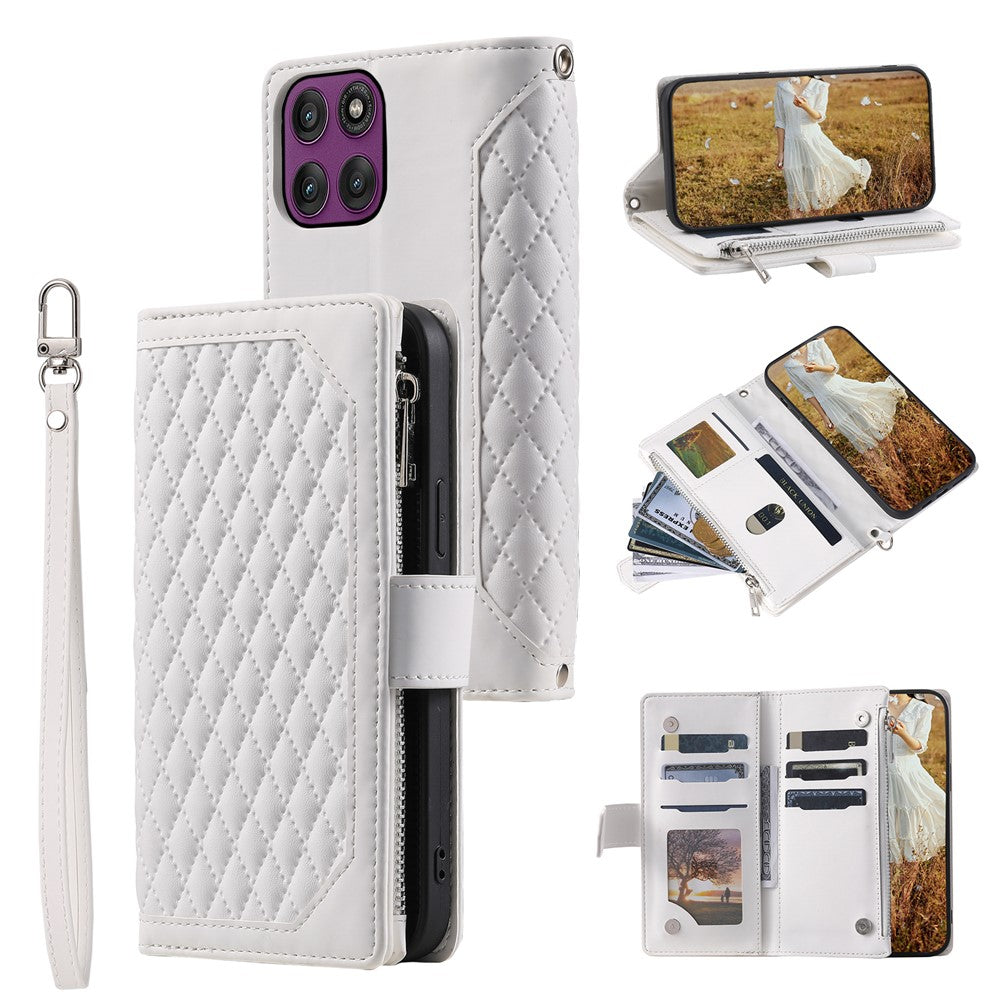 For Motorola Edge 70 5G Wallet Case Rhombus Stitching Line PU Leather Phone Cover with Wrist Strap - White