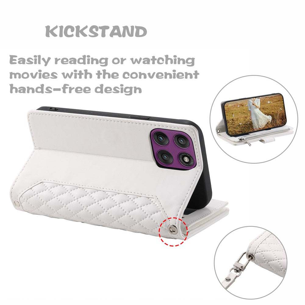 For Motorola Edge 70 5G Wallet Case Rhombus Stitching Line PU Leather Phone Cover with Wrist Strap - White