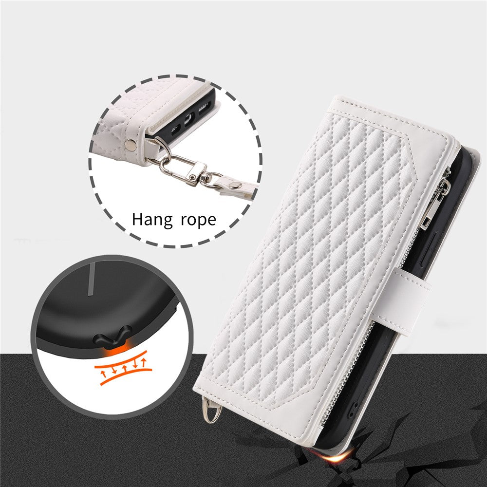 For Motorola Edge 70 5G Wallet Case Rhombus Stitching Line PU Leather Phone Cover with Wrist Strap - White