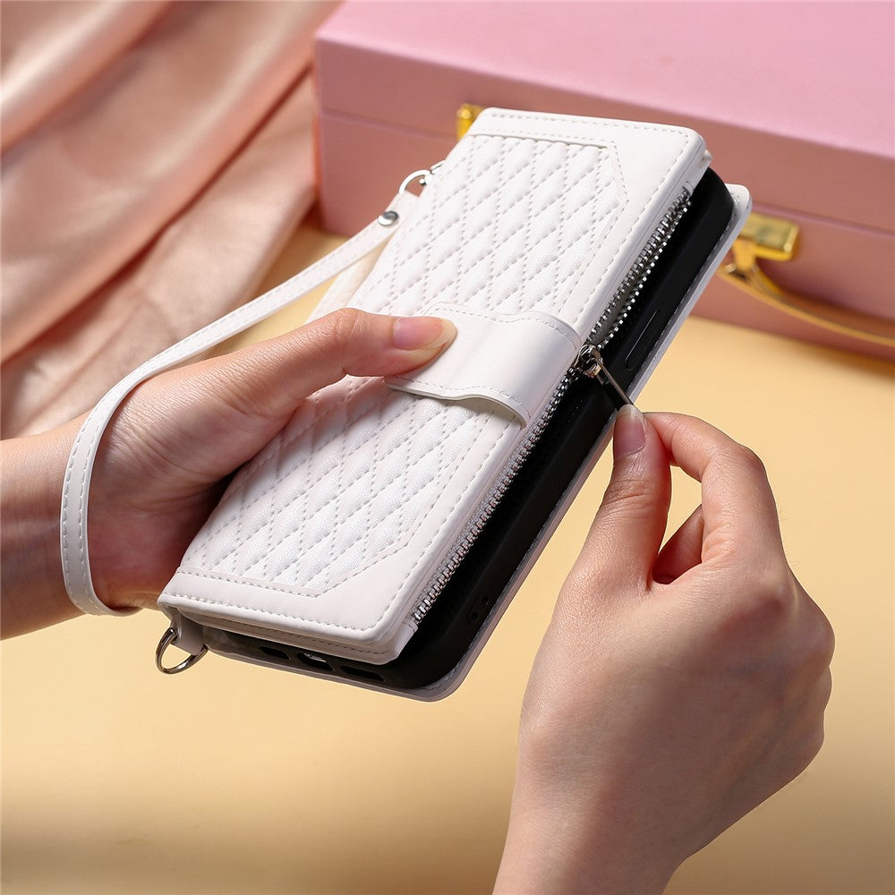 For Motorola Edge 70 5G Wallet Case Rhombus Stitching Line PU Leather Phone Cover with Wrist Strap - White