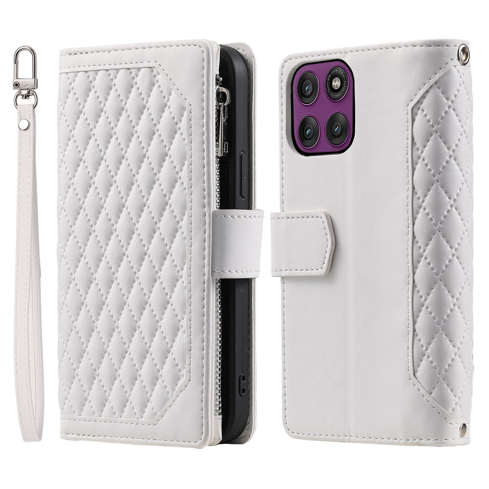 For Motorola Edge 70 5G Wallet Case Rhombus Stitching Line PU Leather Phone Cover with Wrist Strap - White