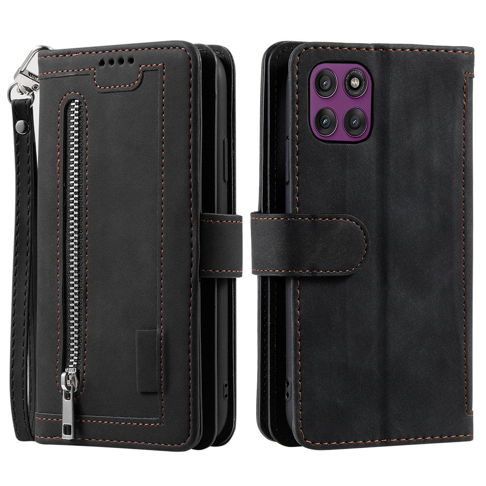 For Motorola Edge 70 5G Case 9 Card Slots Zipper Wallet PU Leather Phone Cover with Wrist Strap - Black