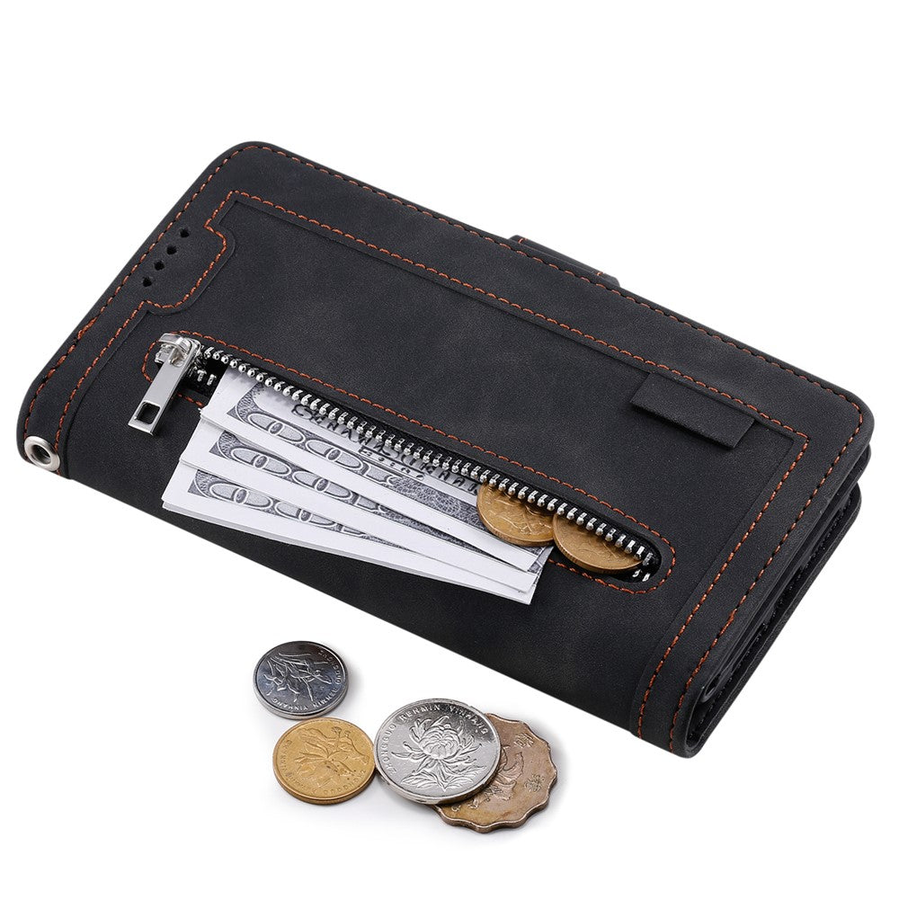 For Motorola Edge 70 5G Case 9 Card Slots Zipper Wallet PU Leather Phone Cover with Wrist Strap - Black