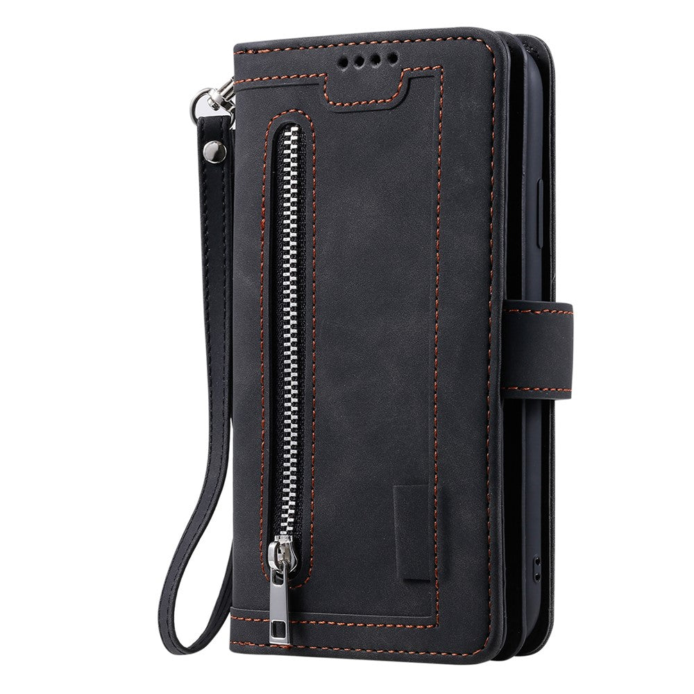 For Motorola Edge 70 5G Case 9 Card Slots Zipper Wallet PU Leather Phone Cover with Wrist Strap - Black