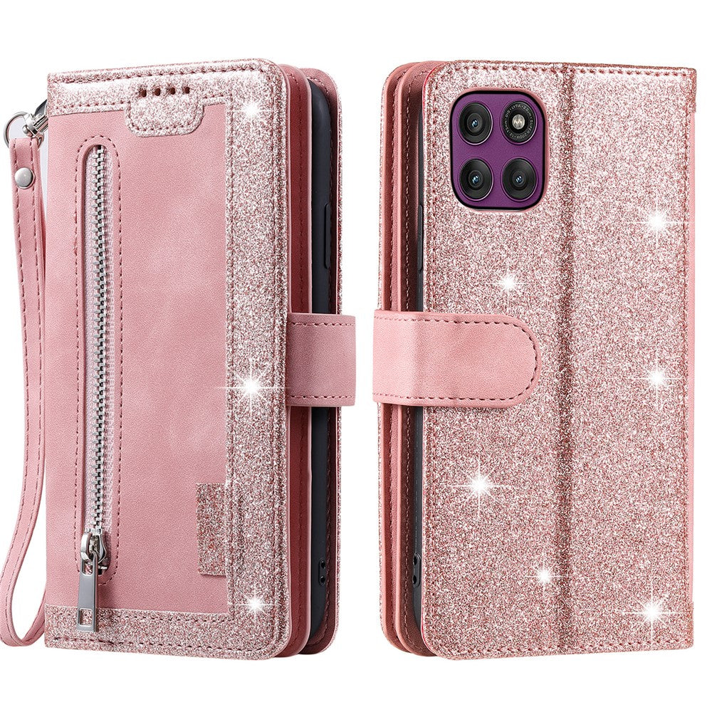 For Motorola Edge 70 5G Case 9 Card Slots Zipper Wallet PU Leather Phone Cover with Wrist Strap - Rose Gold