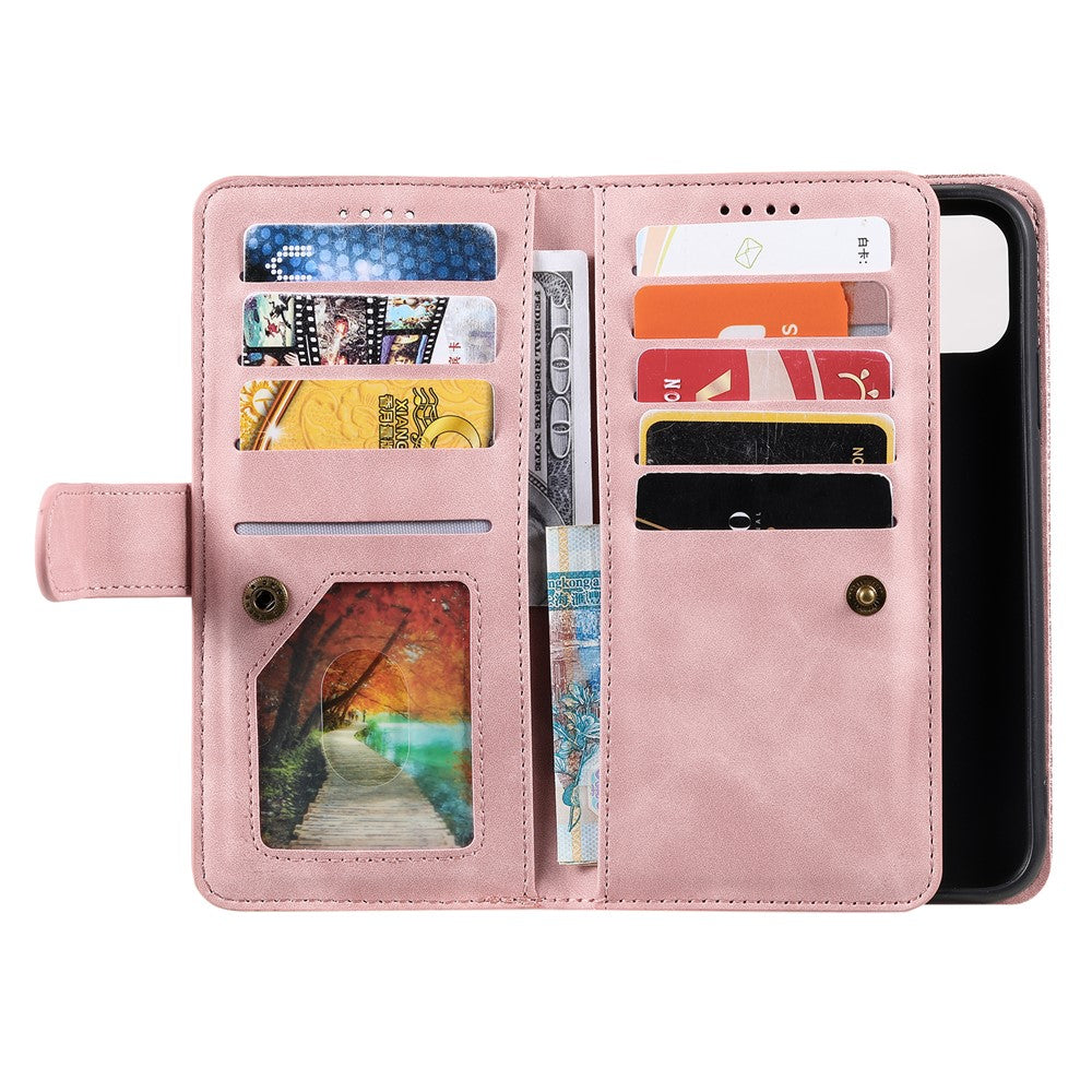 For Motorola Edge 70 5G Case 9 Card Slots Zipper Wallet PU Leather Phone Cover with Wrist Strap - Rose Gold