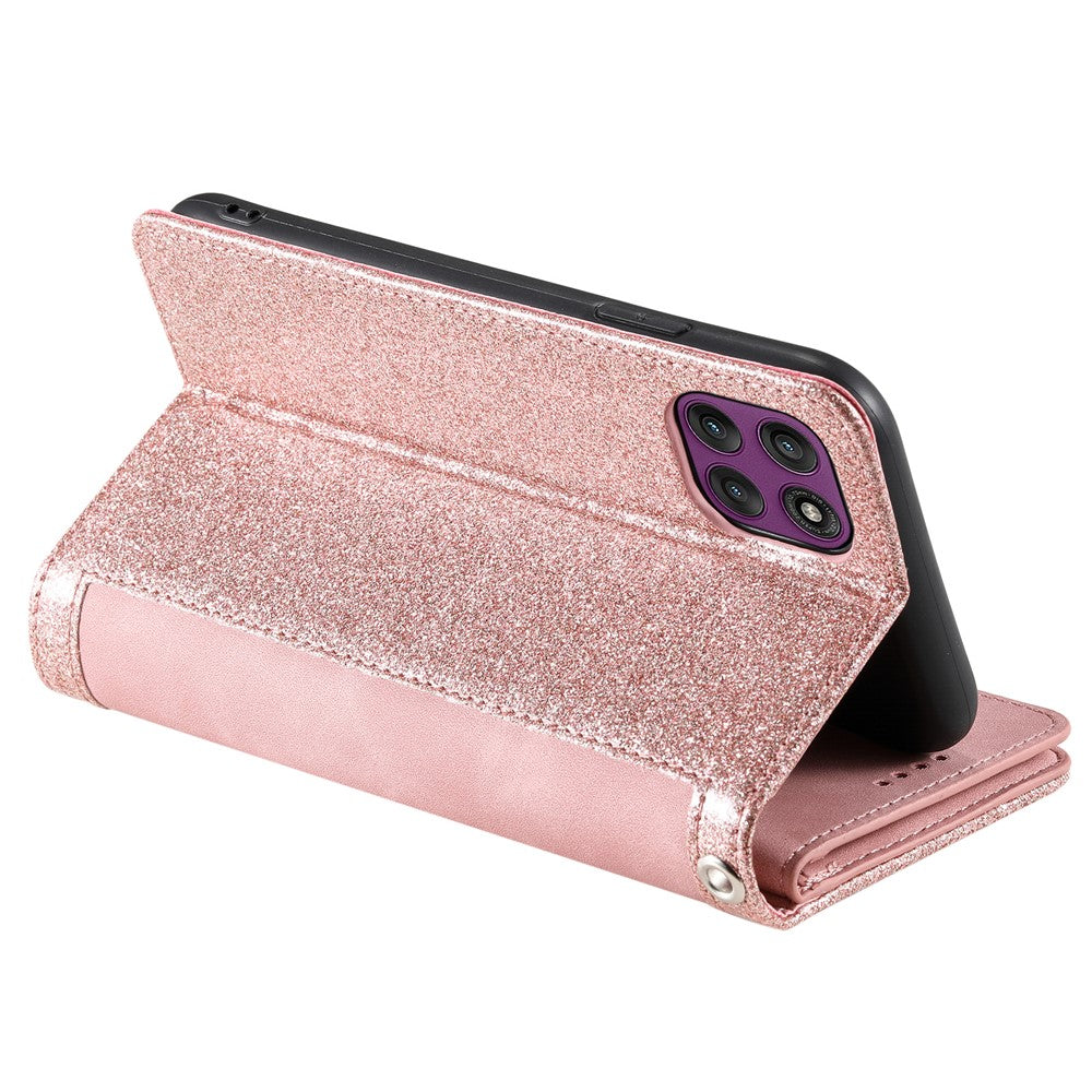 For Motorola Edge 70 5G Case 9 Card Slots Zipper Wallet PU Leather Phone Cover with Wrist Strap - Rose Gold