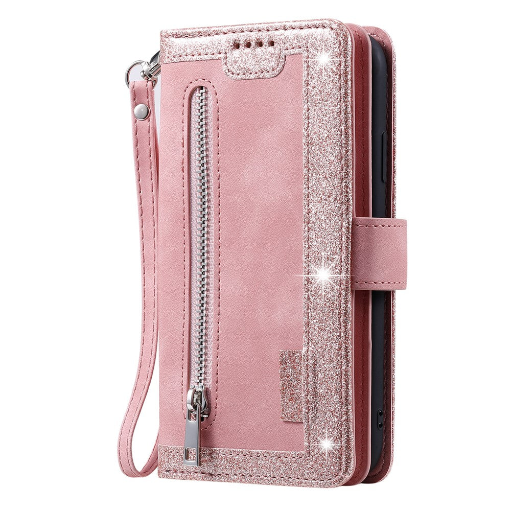 For Motorola Edge 70 5G Case 9 Card Slots Zipper Wallet PU Leather Phone Cover with Wrist Strap - Rose Gold