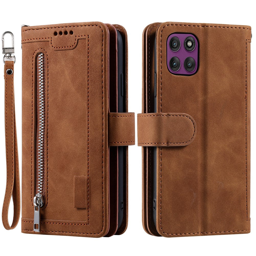 For Motorola Edge 70 5G Case 9 Card Slots Zipper Wallet PU Leather Phone Cover with Wrist Strap - Brown